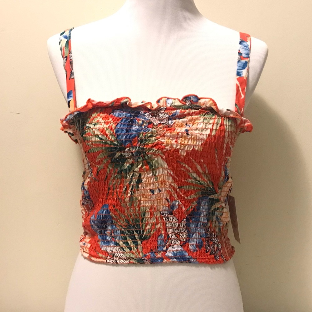 Trendy JS Shirred Sleeveless Tropical Theme Top